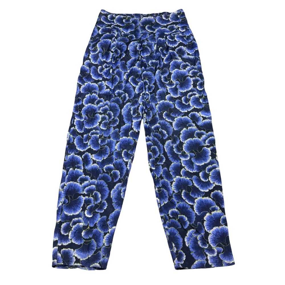 Masai Floral Pull On Trousers Tapered Smocked Lightweight Blue Women M